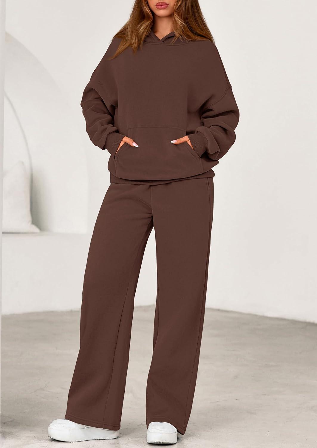 imagePRETTYGARDEN Womens 2 Piece Outfits Fall Sweatsuits Oversized Hoodies Wide Leg Sweatpants Tracksuits Lounge Matching SetsBrown