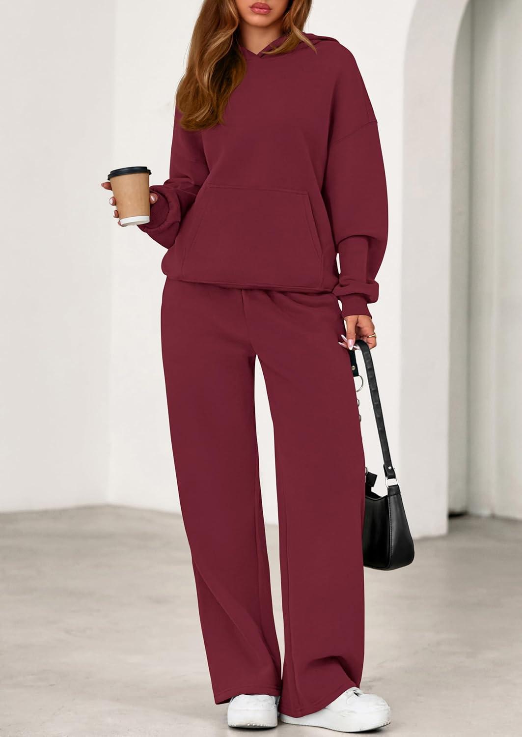 imagePRETTYGARDEN Womens 2 Piece Outfits Fall Sweatsuits Oversized Hoodies Wide Leg Sweatpants Tracksuits Lounge Matching SetsBurgundy