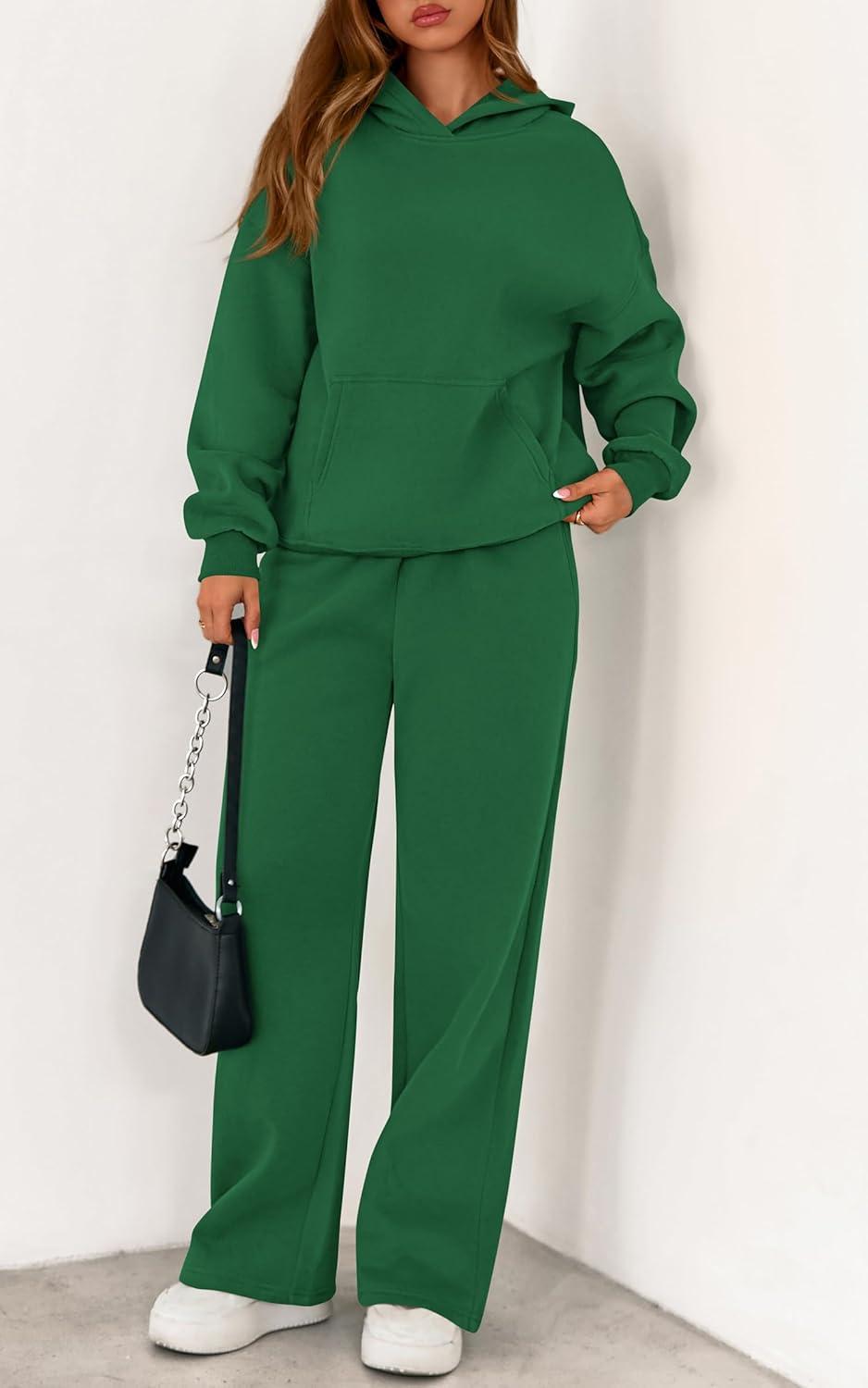 imagePRETTYGARDEN Womens 2 Piece Outfits Fall Sweatsuits Oversized Hoodies Wide Leg Sweatpants Tracksuits Lounge Matching SetsGreen