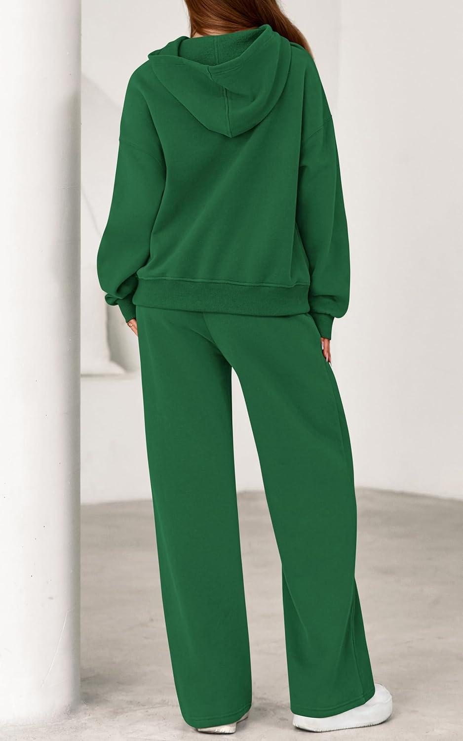 imagePRETTYGARDEN Womens 2 Piece Outfits Fall Sweatsuits Oversized Hoodies Wide Leg Sweatpants Tracksuits Lounge Matching SetsGreen