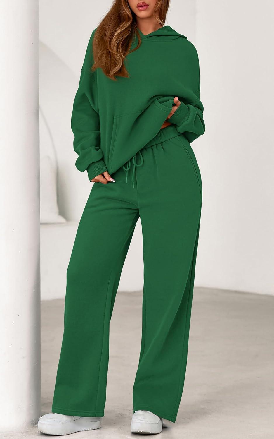 imagePRETTYGARDEN Womens 2 Piece Outfits Fall Sweatsuits Oversized Hoodies Wide Leg Sweatpants Tracksuits Lounge Matching SetsGreen