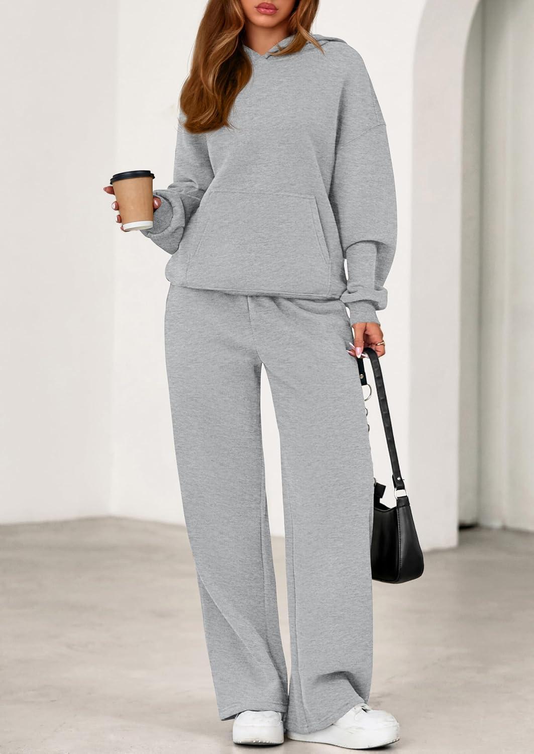 imagePRETTYGARDEN Womens 2 Piece Outfits Fall Sweatsuits Oversized Hoodies Wide Leg Sweatpants Tracksuits Lounge Matching SetsGrey