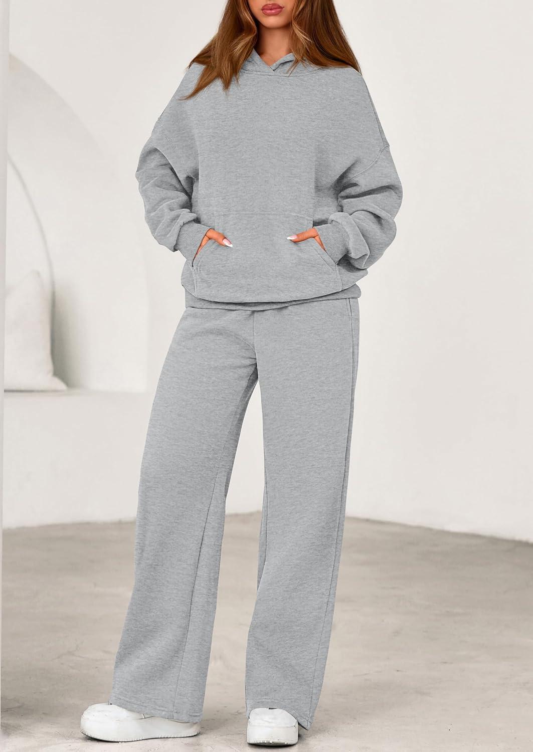 imagePRETTYGARDEN Womens 2 Piece Outfits Fall Sweatsuits Oversized Hoodies Wide Leg Sweatpants Tracksuits Lounge Matching SetsGrey