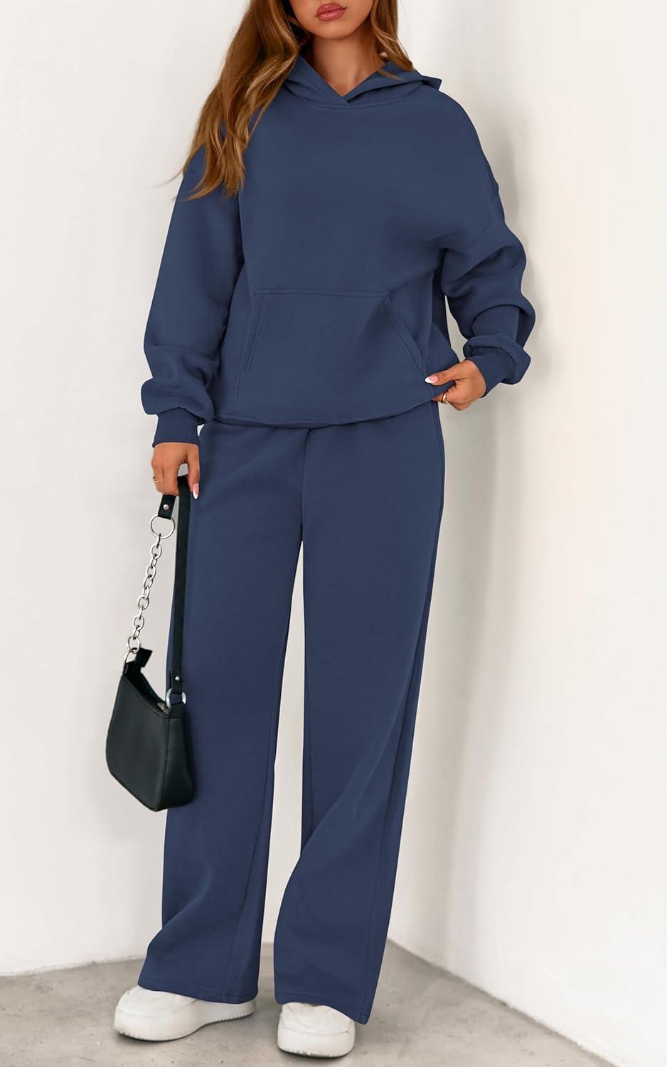 imagePRETTYGARDEN Womens 2 Piece Outfits Fall Sweatsuits Oversized Hoodies Wide Leg Sweatpants Tracksuits Lounge Matching SetsGrey Blue