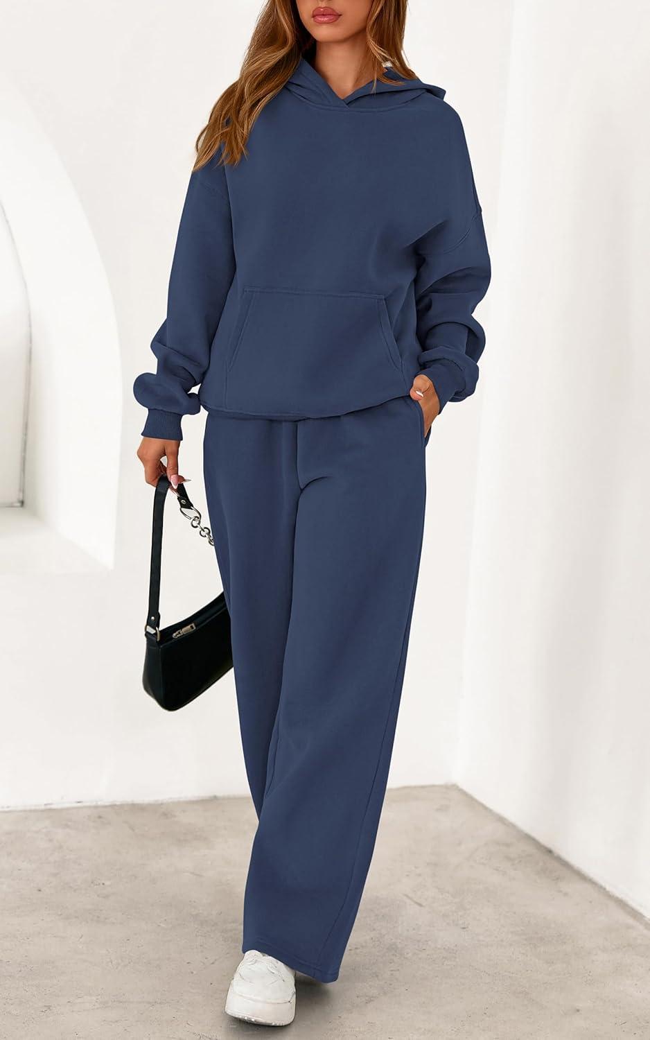 imagePRETTYGARDEN Womens 2 Piece Outfits Fall Sweatsuits Oversized Hoodies Wide Leg Sweatpants Tracksuits Lounge Matching SetsGrey Blue