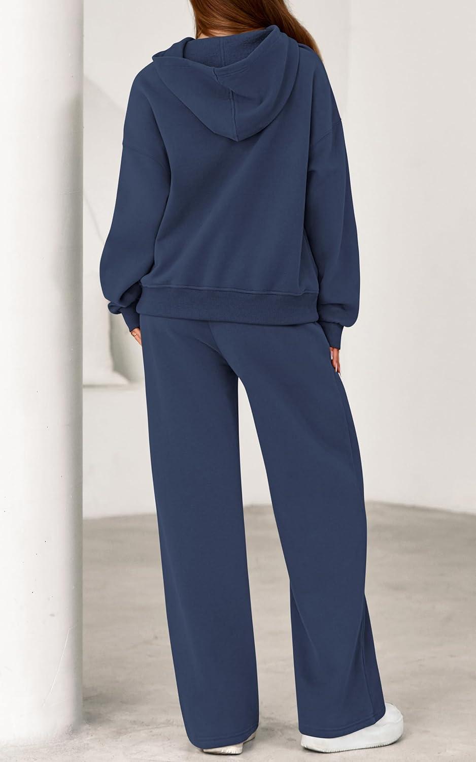 imagePRETTYGARDEN Womens 2 Piece Outfits Fall Sweatsuits Oversized Hoodies Wide Leg Sweatpants Tracksuits Lounge Matching SetsGrey Blue