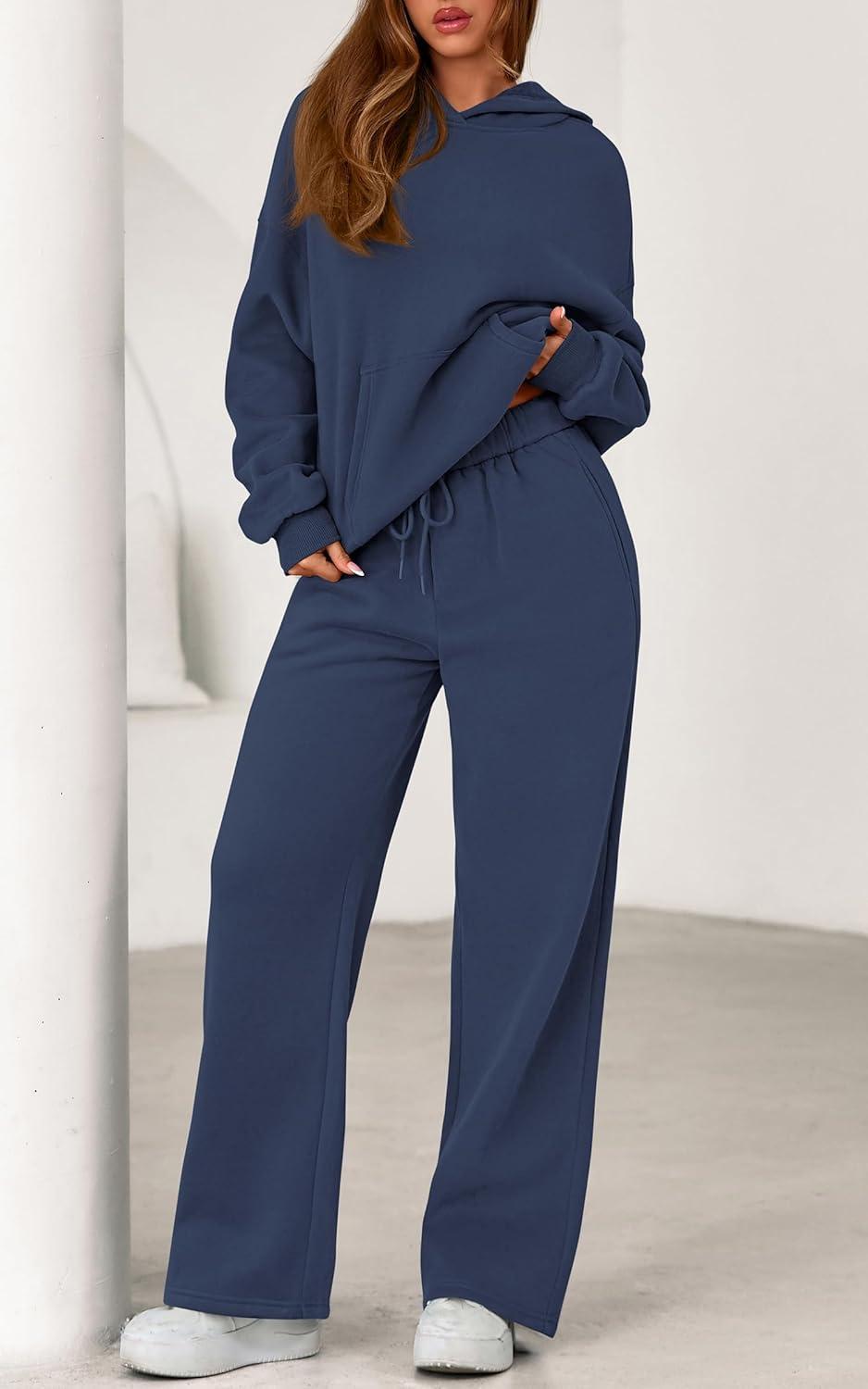 imagePRETTYGARDEN Womens 2 Piece Outfits Fall Sweatsuits Oversized Hoodies Wide Leg Sweatpants Tracksuits Lounge Matching SetsGrey Blue