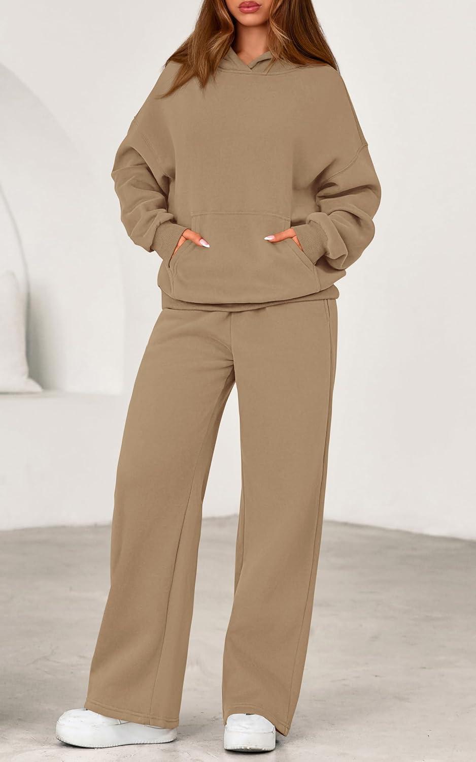 imagePRETTYGARDEN Womens 2 Piece Outfits Fall Sweatsuits Oversized Hoodies Wide Leg Sweatpants Tracksuits Lounge Matching SetsKhaki