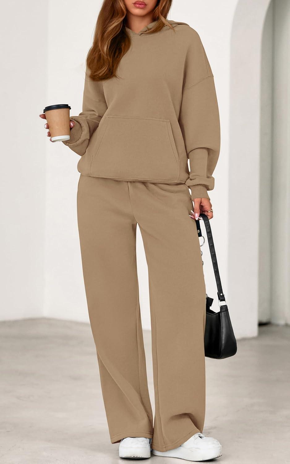 imagePRETTYGARDEN Womens 2 Piece Outfits Fall Sweatsuits Oversized Hoodies Wide Leg Sweatpants Tracksuits Lounge Matching SetsKhaki