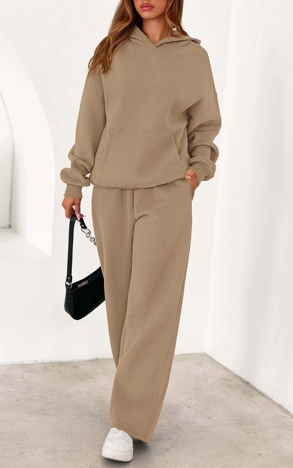 imagePRETTYGARDEN Womens 2 Piece Outfits Fall Sweatsuits Oversized Hoodies Wide Leg Sweatpants Tracksuits Lounge Matching SetsKhaki