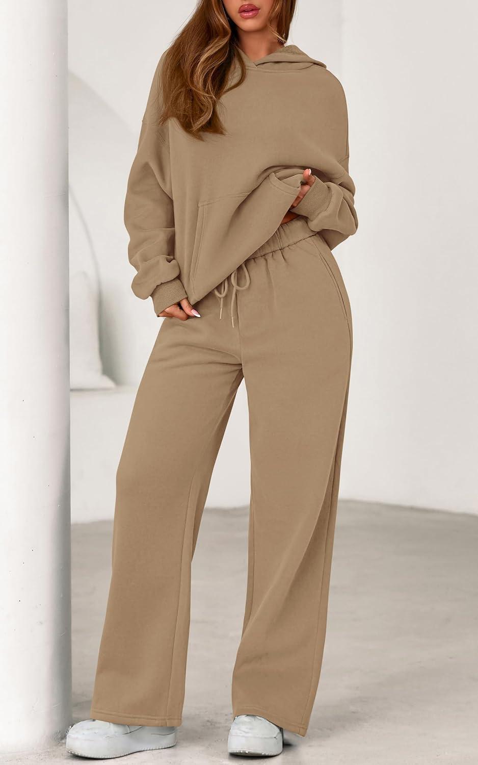 imagePRETTYGARDEN Womens 2 Piece Outfits Fall Sweatsuits Oversized Hoodies Wide Leg Sweatpants Tracksuits Lounge Matching SetsKhaki
