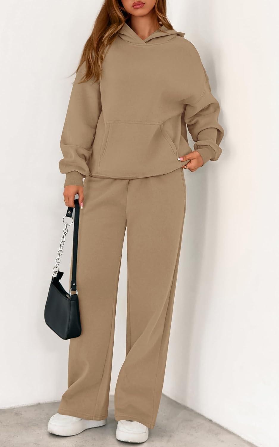 imagePRETTYGARDEN Womens 2 Piece Outfits Fall Sweatsuits Oversized Hoodies Wide Leg Sweatpants Tracksuits Lounge Matching SetsKhaki