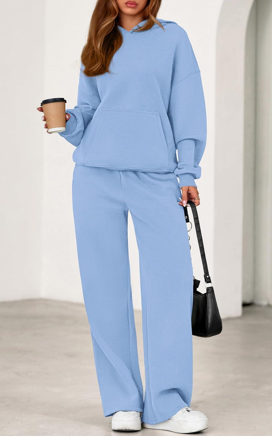 imagePRETTYGARDEN Womens 2 Piece Outfits Fall Sweatsuits Oversized Hoodies Wide Leg Sweatpants Tracksuits Lounge Matching SetsLight Blue