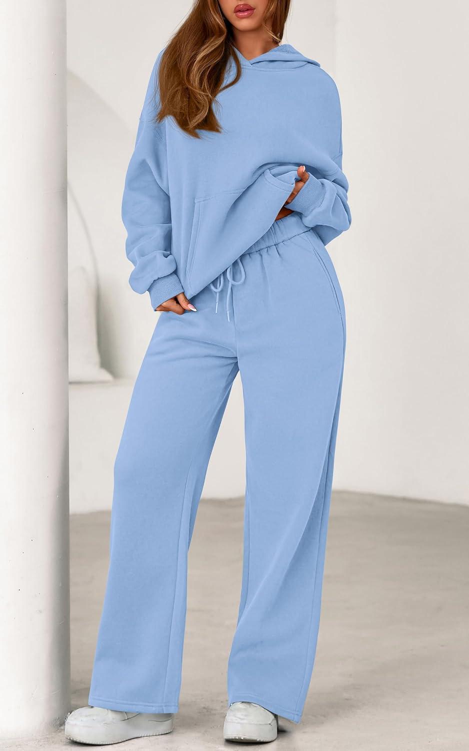 imagePRETTYGARDEN Womens 2 Piece Outfits Fall Sweatsuits Oversized Hoodies Wide Leg Sweatpants Tracksuits Lounge Matching SetsLight Blue