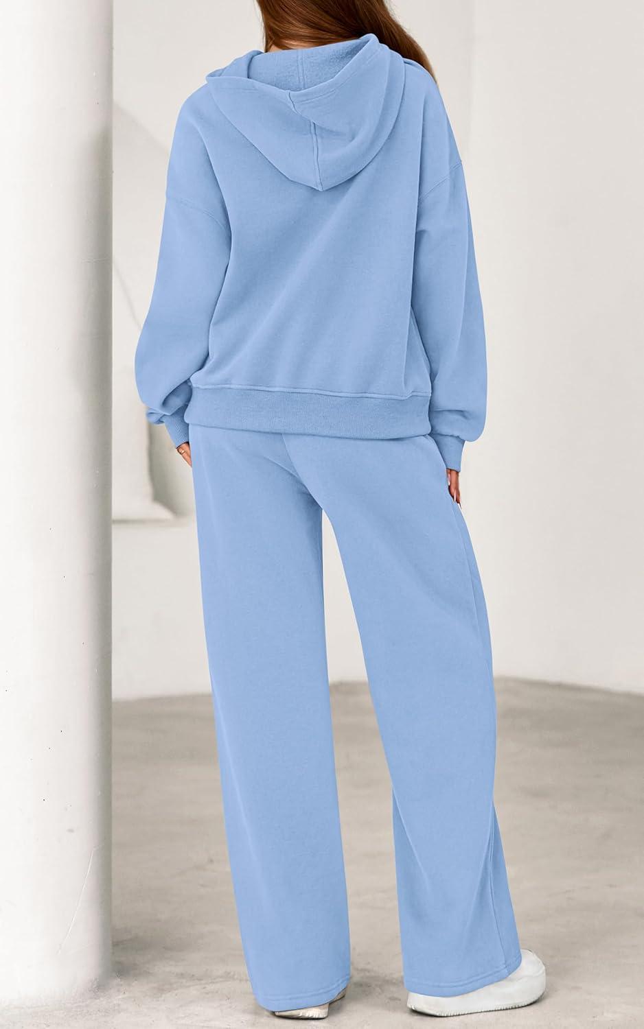 imagePRETTYGARDEN Womens 2 Piece Outfits Fall Sweatsuits Oversized Hoodies Wide Leg Sweatpants Tracksuits Lounge Matching SetsLight Blue