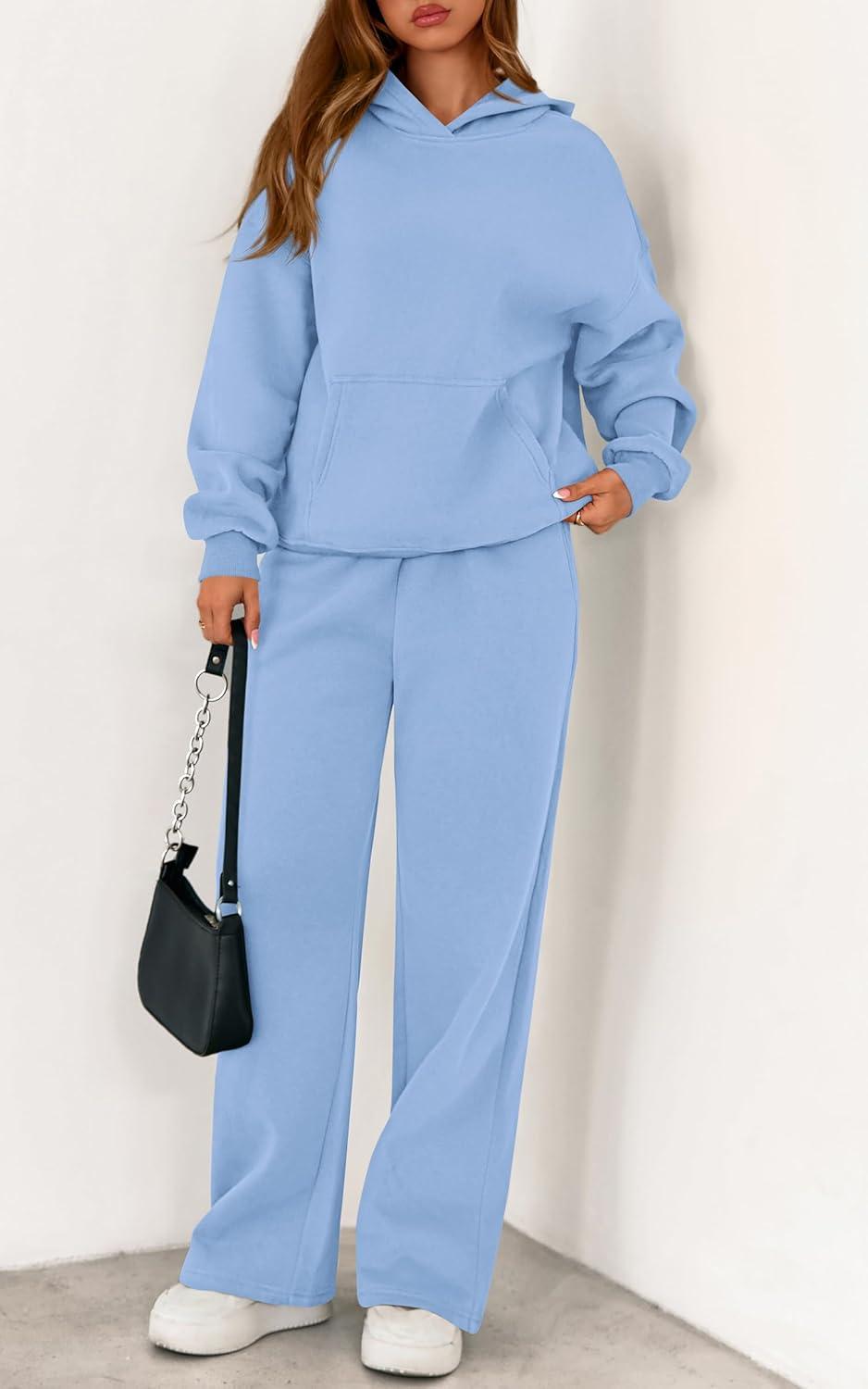 imagePRETTYGARDEN Womens 2 Piece Outfits Fall Sweatsuits Oversized Hoodies Wide Leg Sweatpants Tracksuits Lounge Matching SetsLight Blue