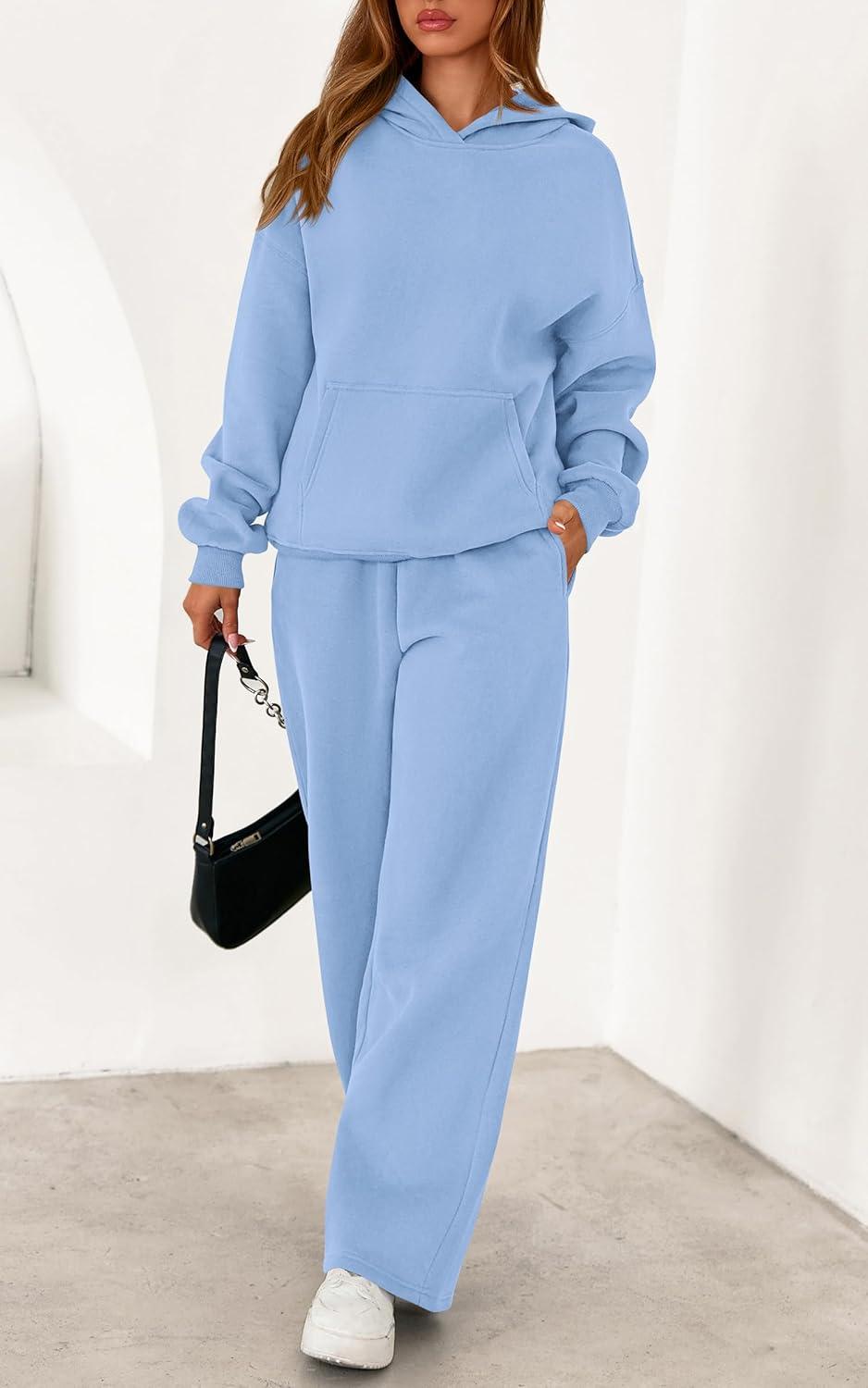 imagePRETTYGARDEN Womens 2 Piece Outfits Fall Sweatsuits Oversized Hoodies Wide Leg Sweatpants Tracksuits Lounge Matching SetsLight Blue