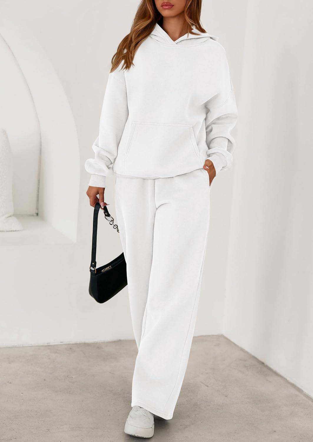 imagePRETTYGARDEN Womens 2 Piece Outfits Fall Sweatsuits Oversized Hoodies Wide Leg Sweatpants Tracksuits Lounge Matching SetsWhite