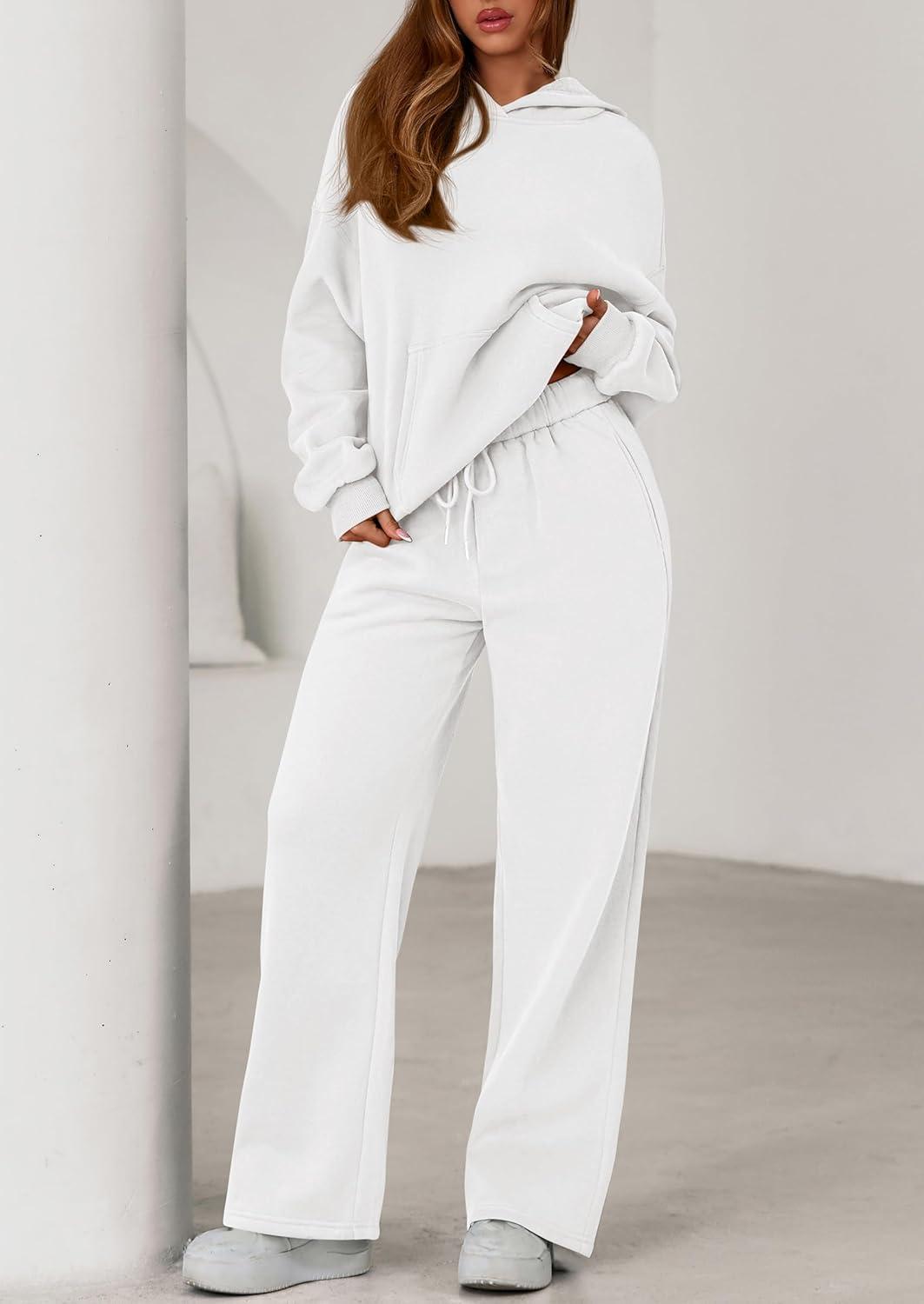 imagePRETTYGARDEN Womens 2 Piece Outfits Fall Sweatsuits Oversized Hoodies Wide Leg Sweatpants Tracksuits Lounge Matching SetsWhite