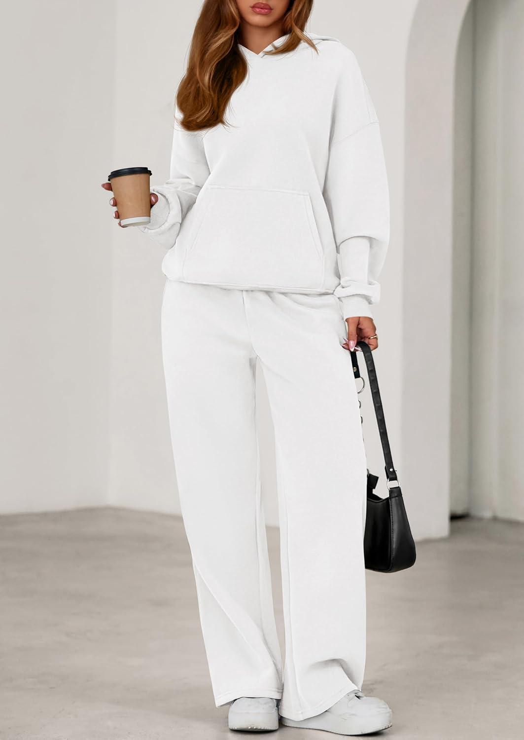 imagePRETTYGARDEN Womens 2 Piece Outfits Fall Sweatsuits Oversized Hoodies Wide Leg Sweatpants Tracksuits Lounge Matching SetsWhite