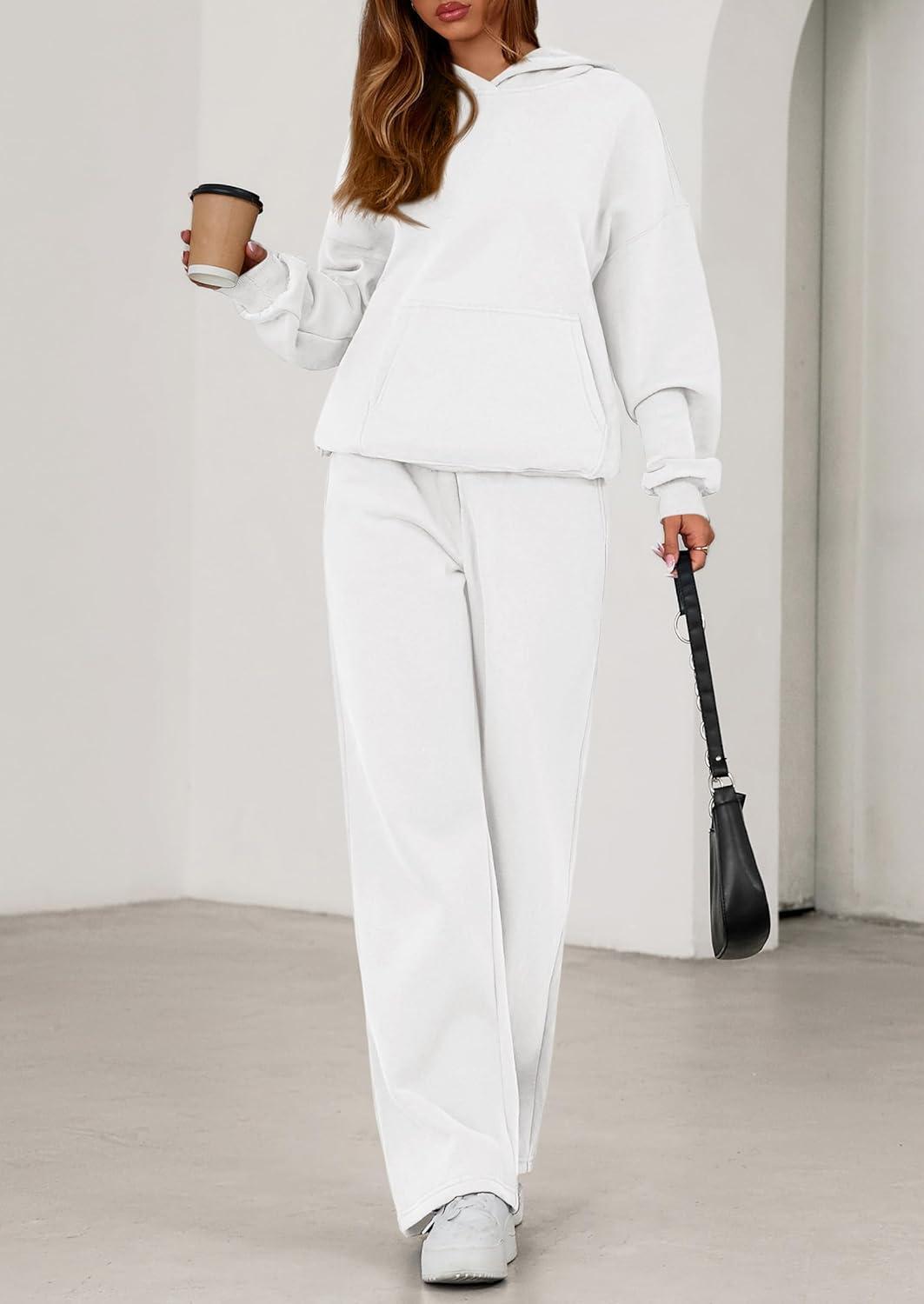 imagePRETTYGARDEN Womens 2 Piece Outfits Fall Sweatsuits Oversized Hoodies Wide Leg Sweatpants Tracksuits Lounge Matching SetsWhite