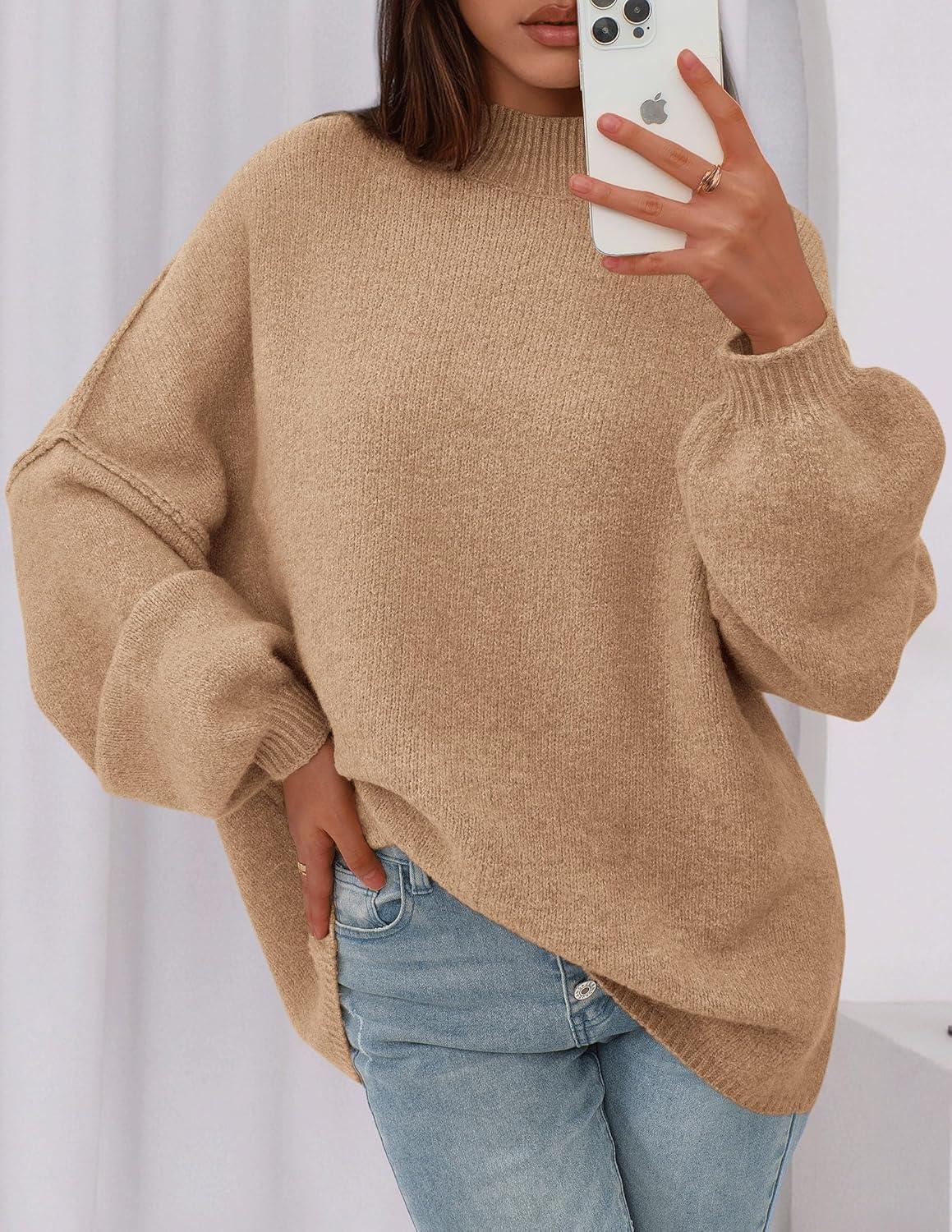 imagePRETTYGARDEN Womens 2026 Fall Oversized Sweaters Chunky Knit Mock Neck Long Sleeve Casual Trendy Pullover Winter ClothesApricot