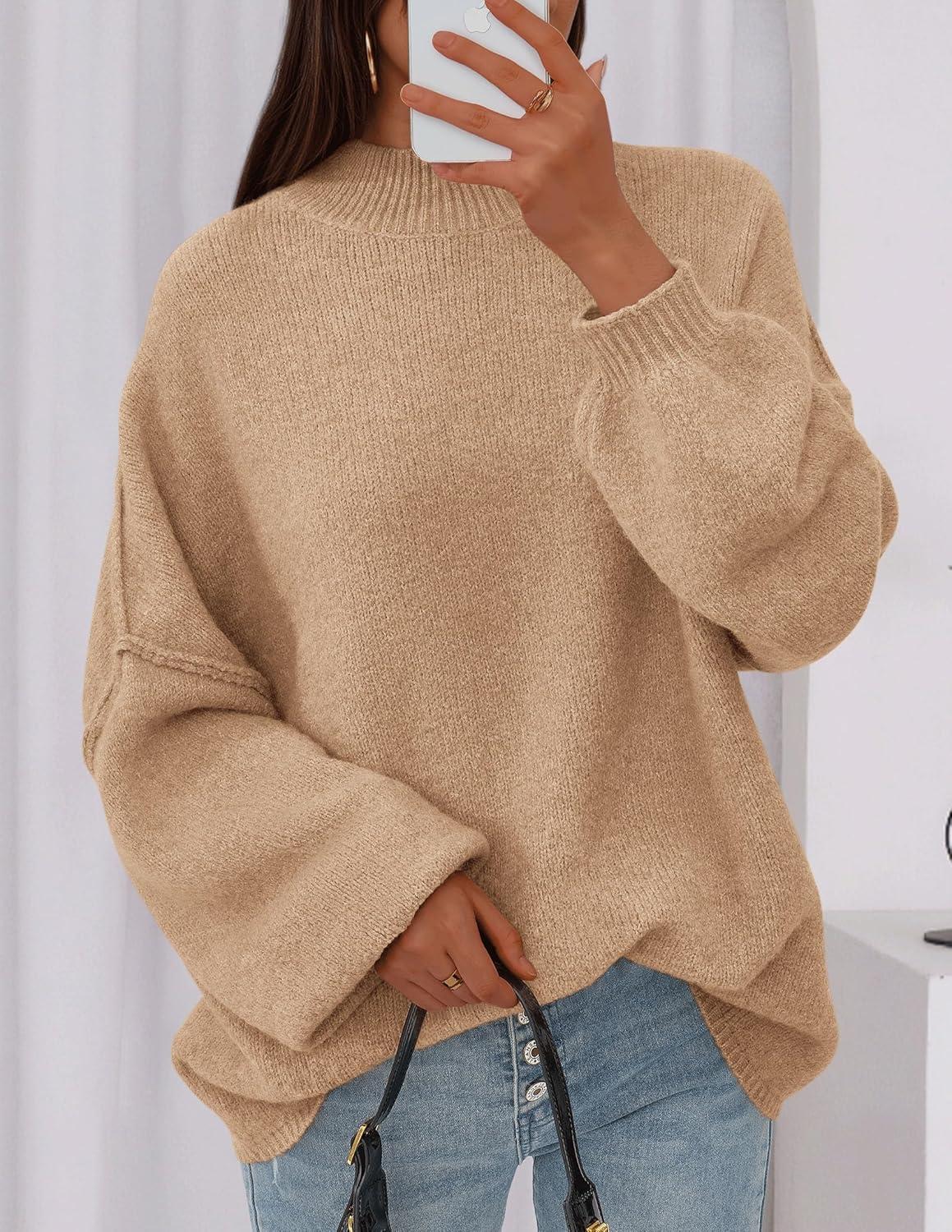 imagePRETTYGARDEN Womens 2026 Fall Oversized Sweaters Chunky Knit Mock Neck Long Sleeve Casual Trendy Pullover Winter ClothesApricot