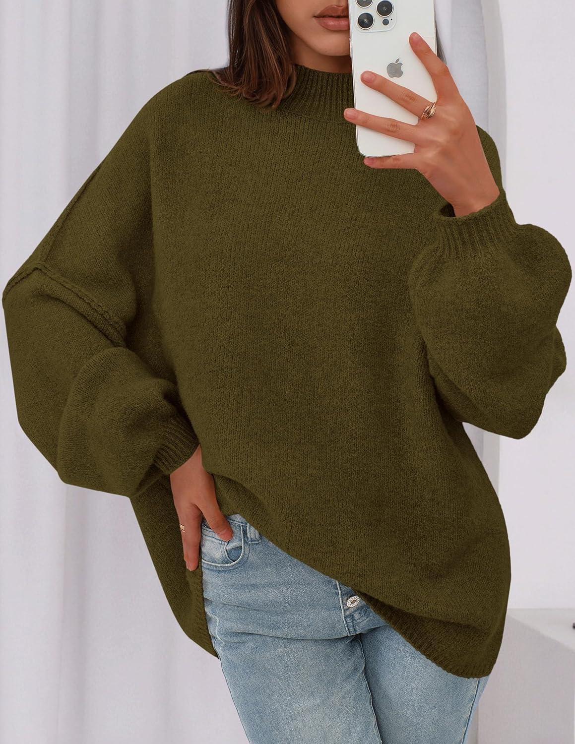 imagePRETTYGARDEN Womens 2026 Fall Oversized Sweaters Chunky Knit Mock Neck Long Sleeve Casual Trendy Pullover Winter ClothesArmy Green