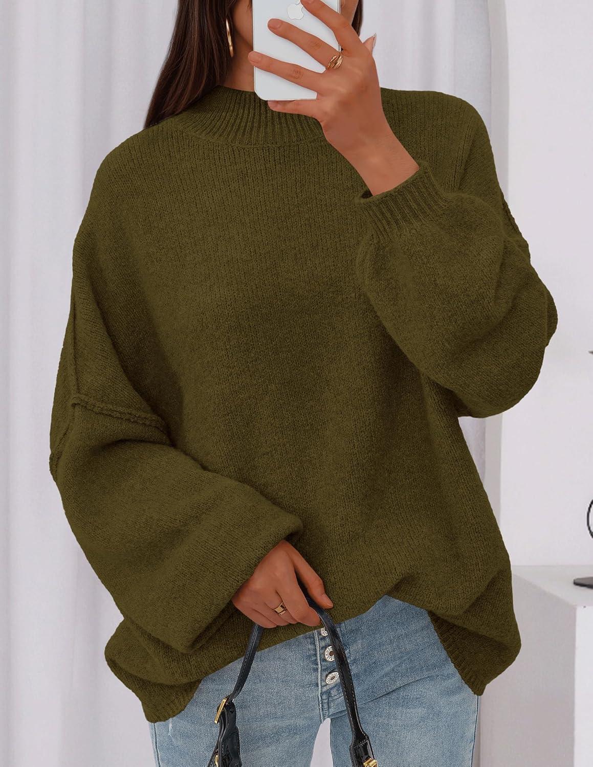 imagePRETTYGARDEN Womens 2026 Fall Oversized Sweaters Chunky Knit Mock Neck Long Sleeve Casual Trendy Pullover Winter ClothesArmy Green