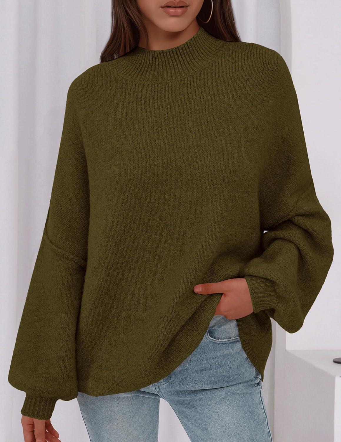 imagePRETTYGARDEN Womens 2026 Fall Oversized Sweaters Chunky Knit Mock Neck Long Sleeve Casual Trendy Pullover Winter ClothesArmy Green