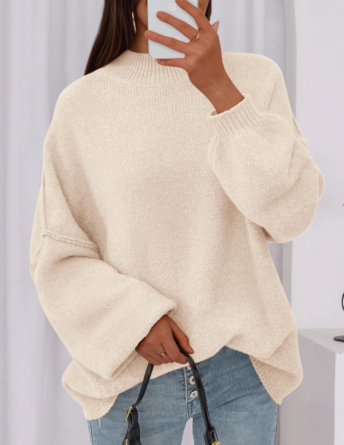 imagePRETTYGARDEN Womens 2026 Fall Oversized Sweaters Chunky Knit Mock Neck Long Sleeve Casual Trendy Pullover Winter ClothesBeige