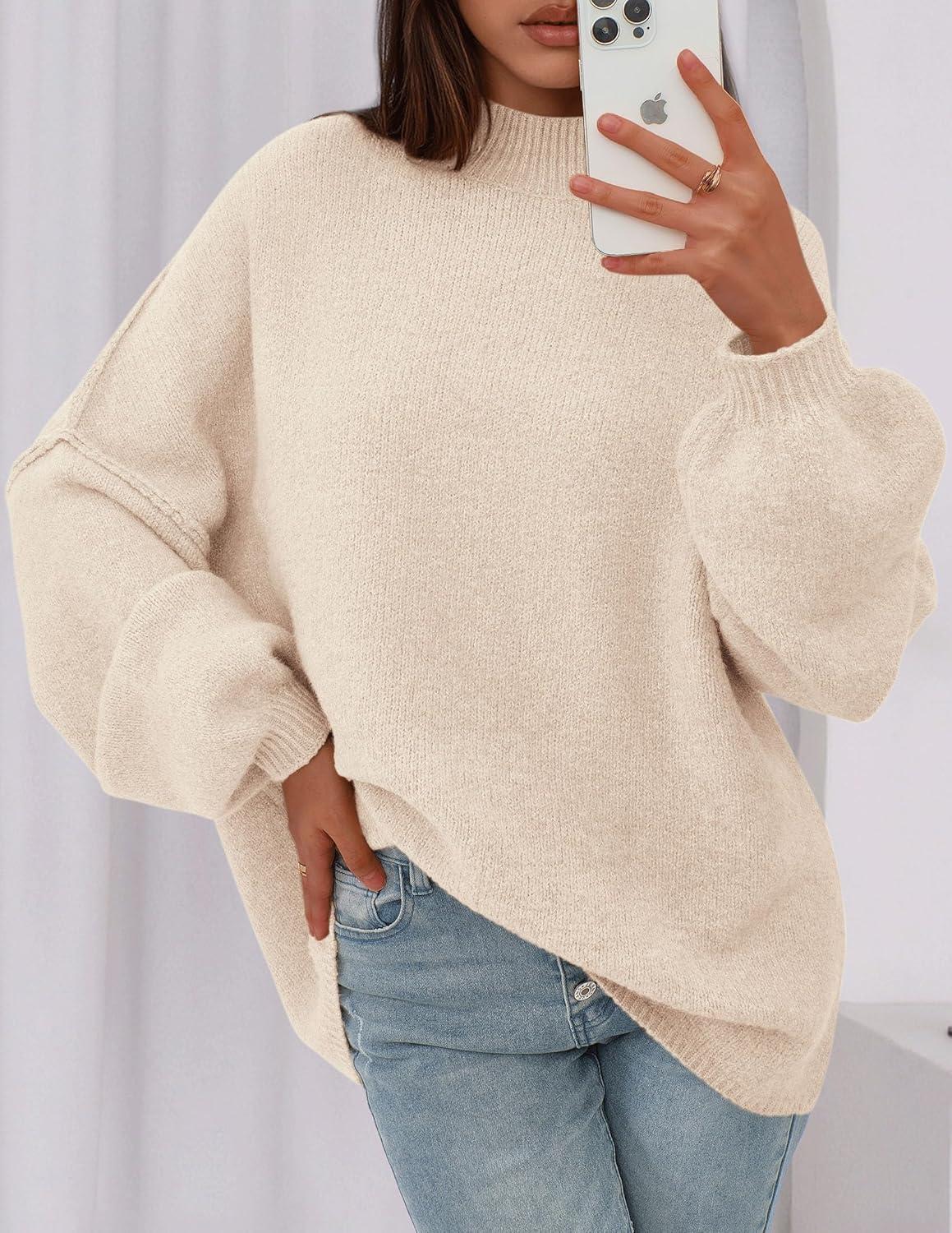 imagePRETTYGARDEN Womens 2026 Fall Oversized Sweaters Chunky Knit Mock Neck Long Sleeve Casual Trendy Pullover Winter ClothesBeige