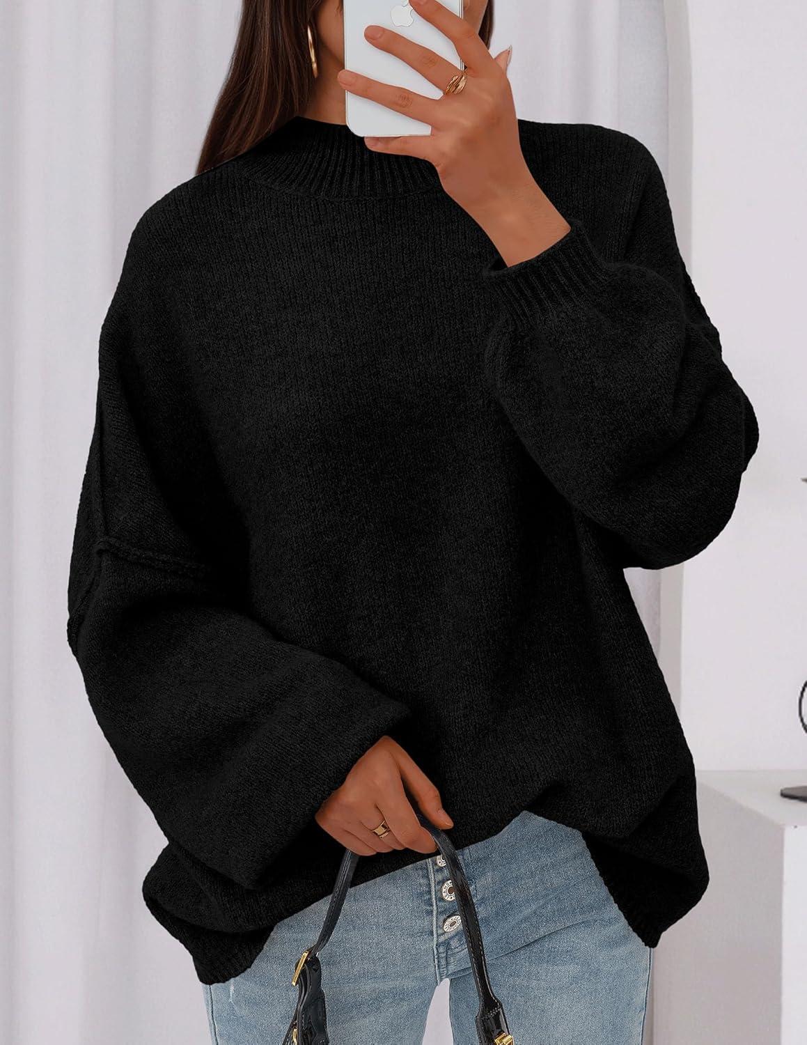 imagePRETTYGARDEN Womens 2026 Fall Oversized Sweaters Chunky Knit Mock Neck Long Sleeve Casual Trendy Pullover Winter ClothesBlack