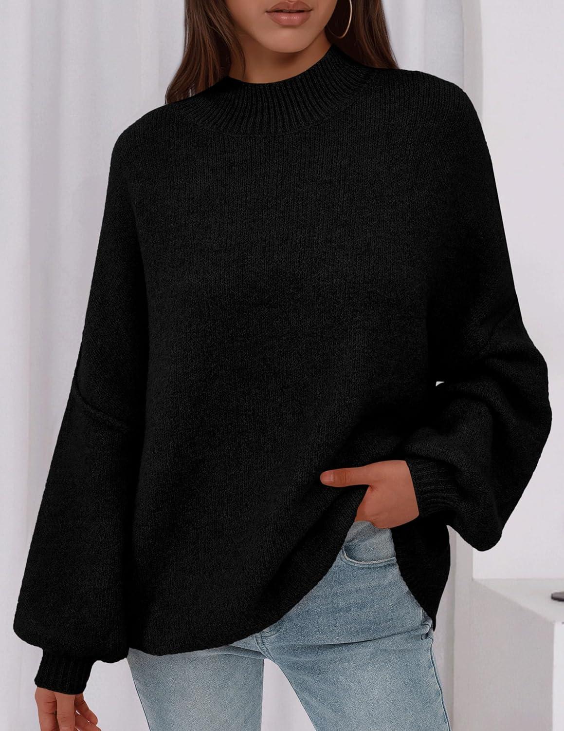 imagePRETTYGARDEN Womens 2026 Fall Oversized Sweaters Chunky Knit Mock Neck Long Sleeve Casual Trendy Pullover Winter ClothesBlack