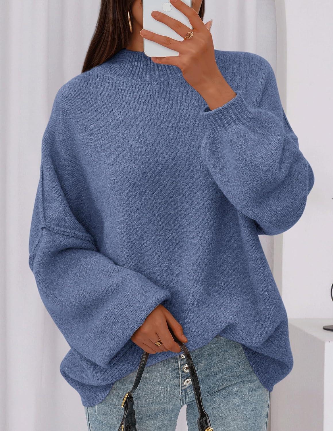 imagePRETTYGARDEN Womens 2026 Fall Oversized Sweaters Chunky Knit Mock Neck Long Sleeve Casual Trendy Pullover Winter ClothesBlue