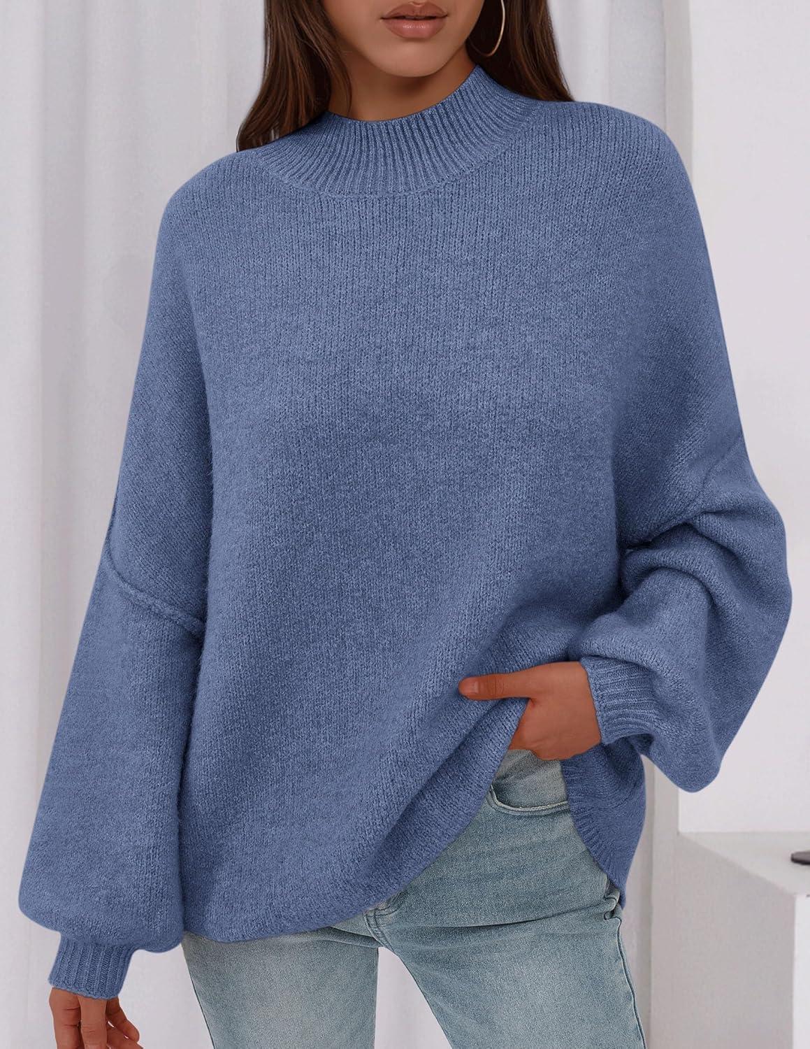 imagePRETTYGARDEN Womens 2026 Fall Oversized Sweaters Chunky Knit Mock Neck Long Sleeve Casual Trendy Pullover Winter ClothesBlue