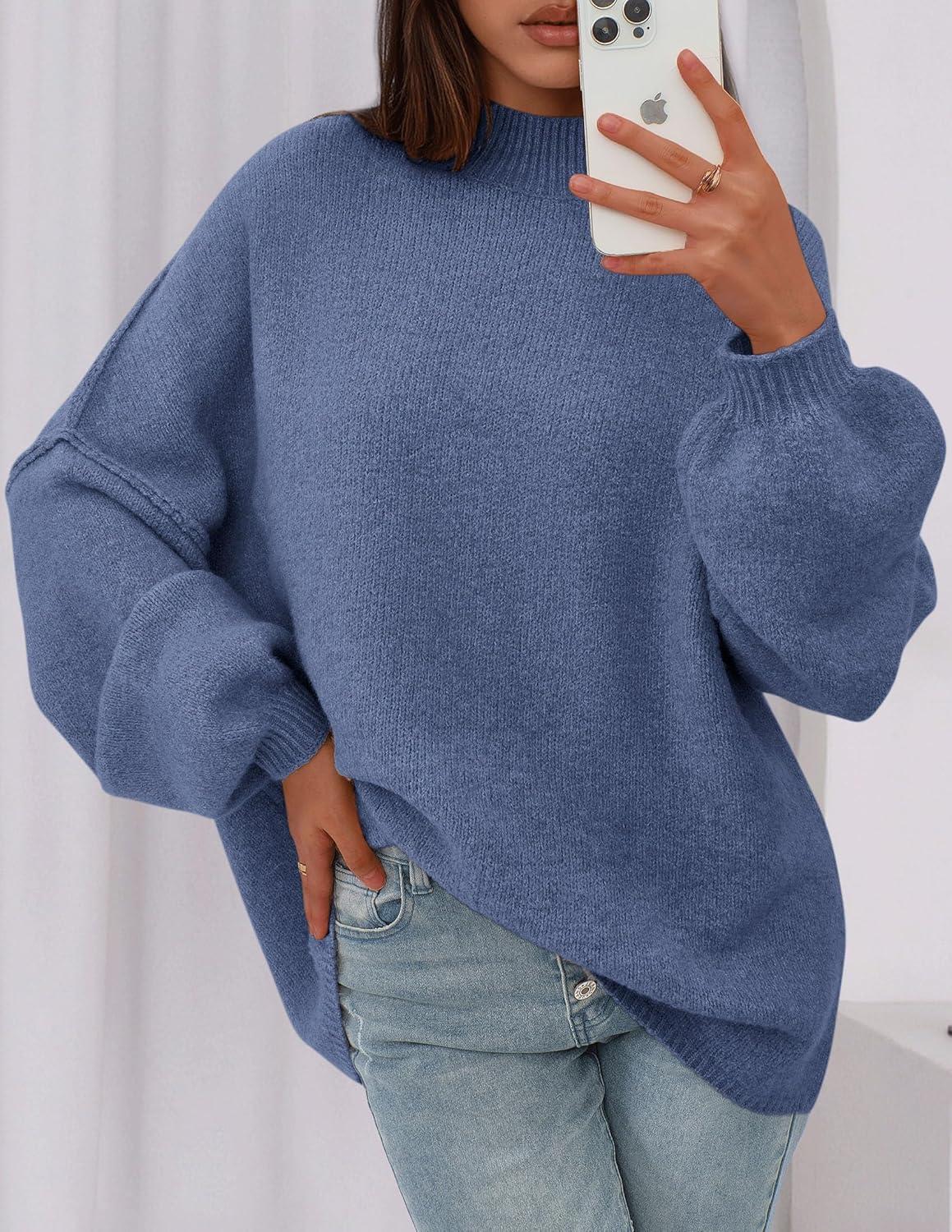 imagePRETTYGARDEN Womens 2026 Fall Oversized Sweaters Chunky Knit Mock Neck Long Sleeve Casual Trendy Pullover Winter ClothesBlue