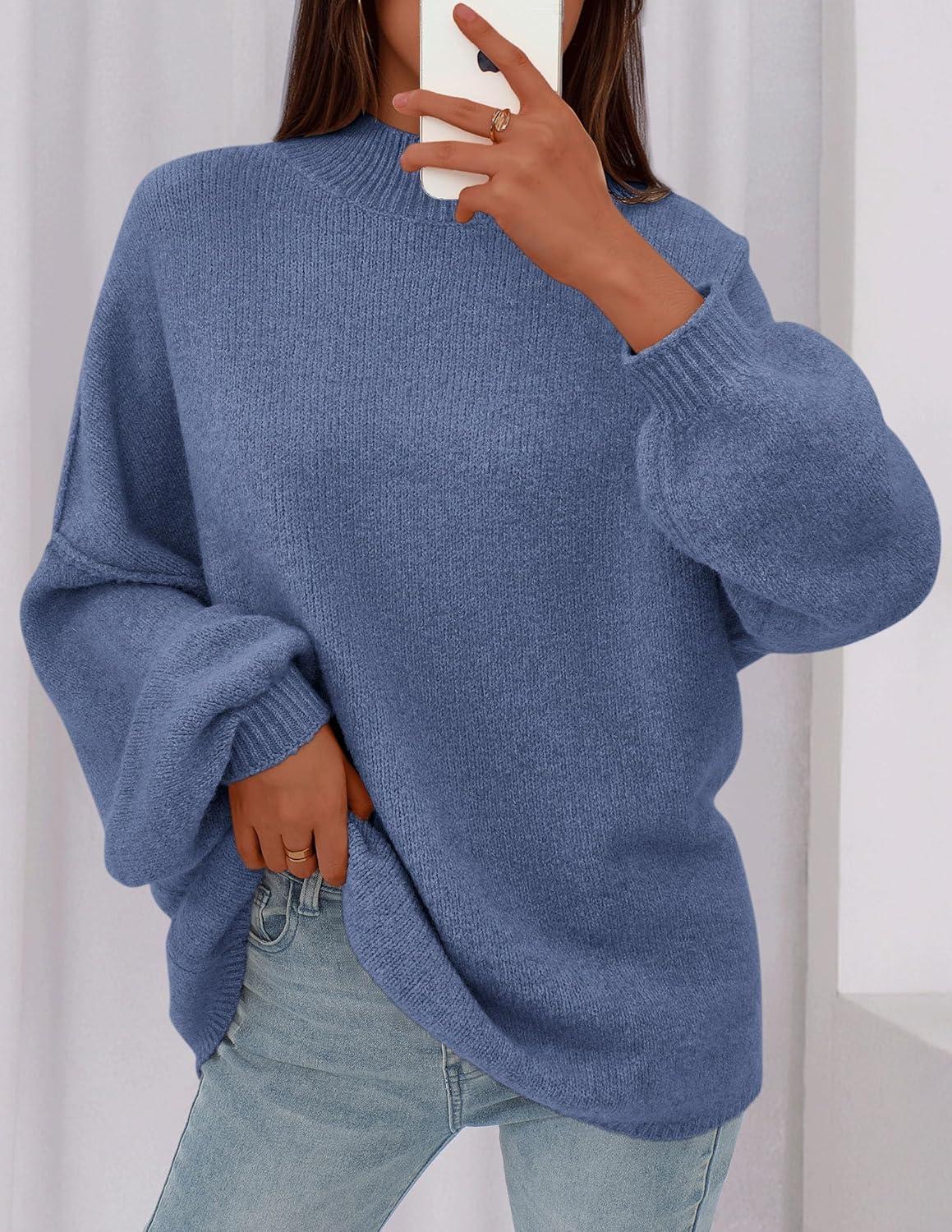 imagePRETTYGARDEN Womens 2026 Fall Oversized Sweaters Chunky Knit Mock Neck Long Sleeve Casual Trendy Pullover Winter ClothesBlue