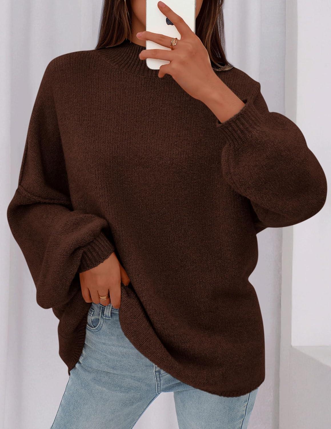 imagePRETTYGARDEN Womens 2026 Fall Oversized Sweaters Chunky Knit Mock Neck Long Sleeve Casual Trendy Pullover Winter ClothesBrown