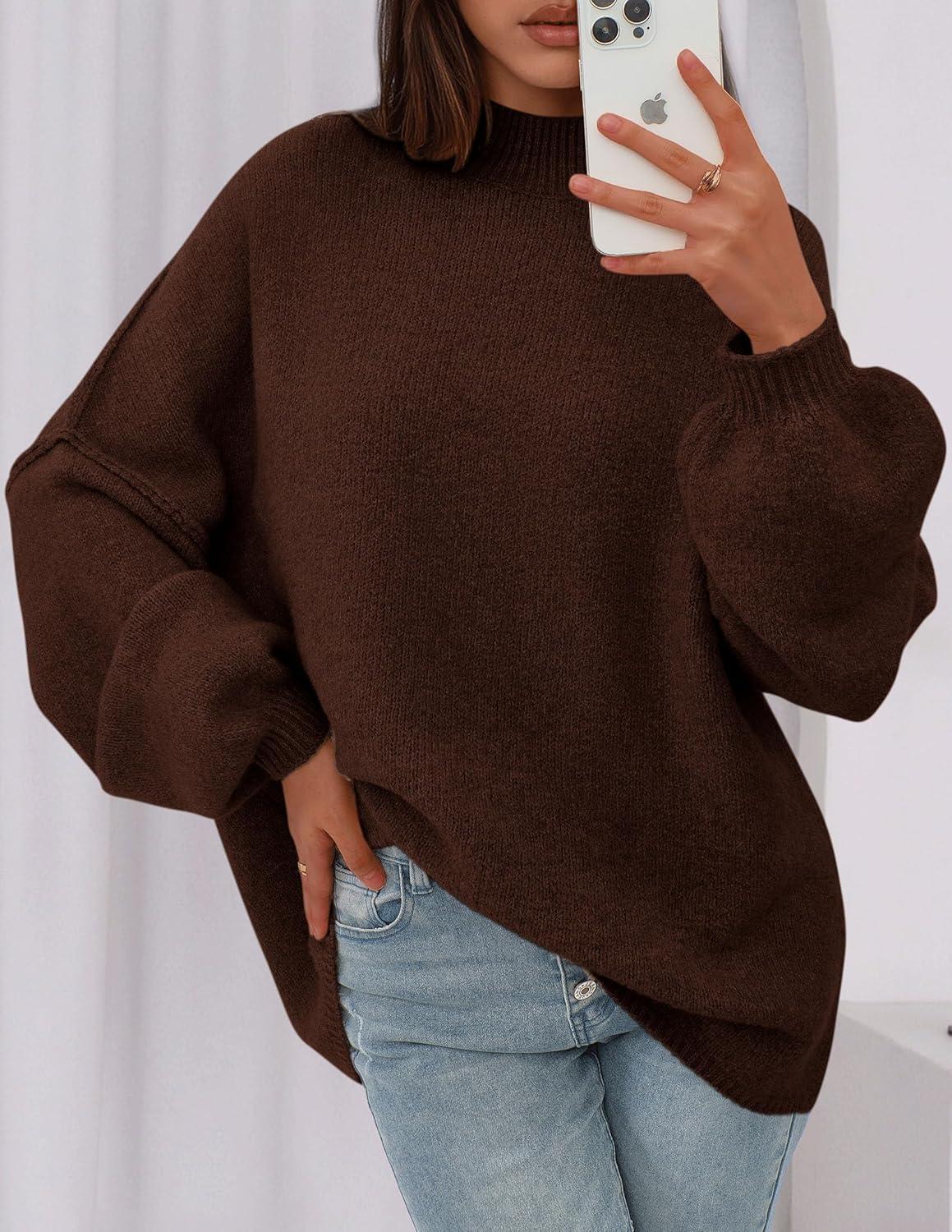 imagePRETTYGARDEN Womens 2026 Fall Oversized Sweaters Chunky Knit Mock Neck Long Sleeve Casual Trendy Pullover Winter ClothesBrown