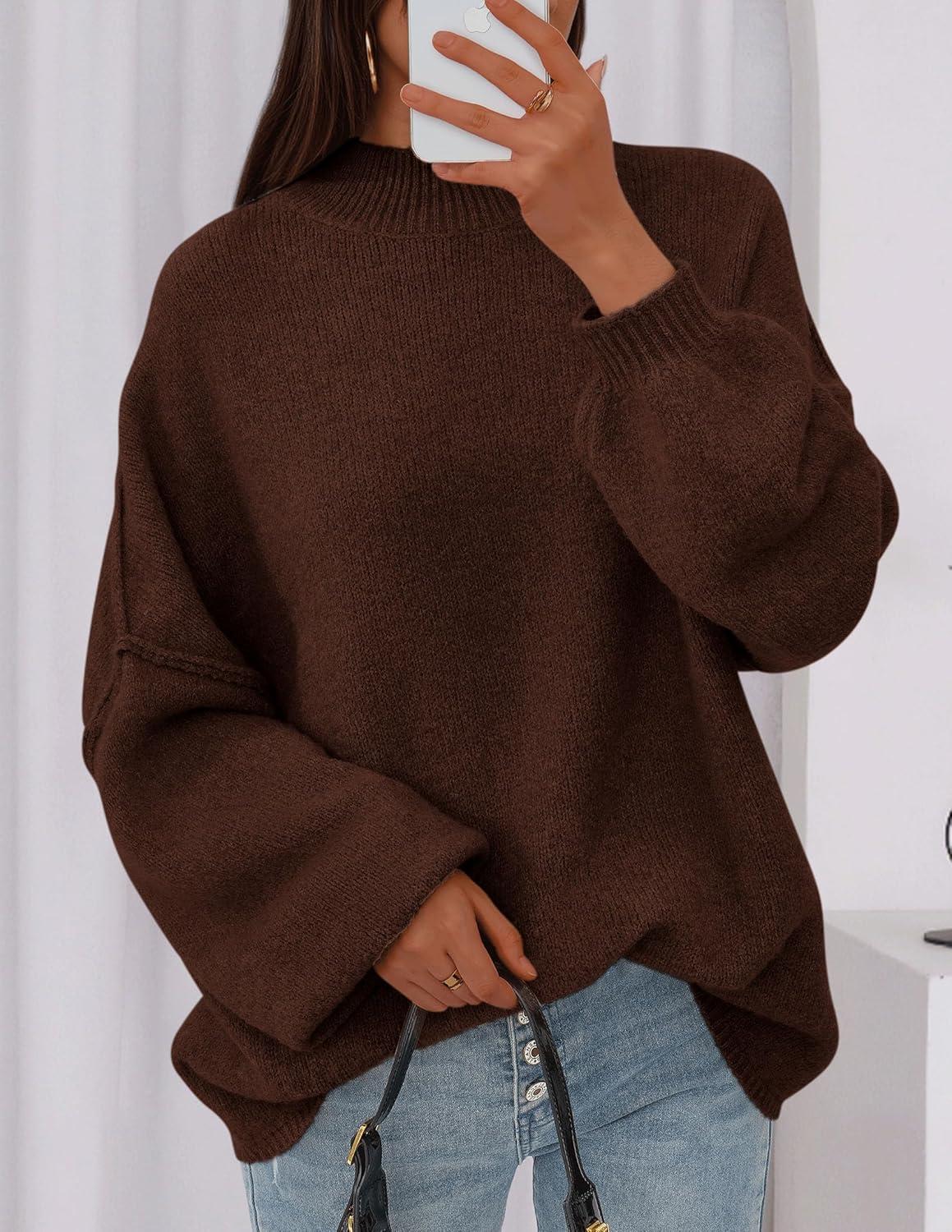 imagePRETTYGARDEN Womens 2026 Fall Oversized Sweaters Chunky Knit Mock Neck Long Sleeve Casual Trendy Pullover Winter ClothesBrown