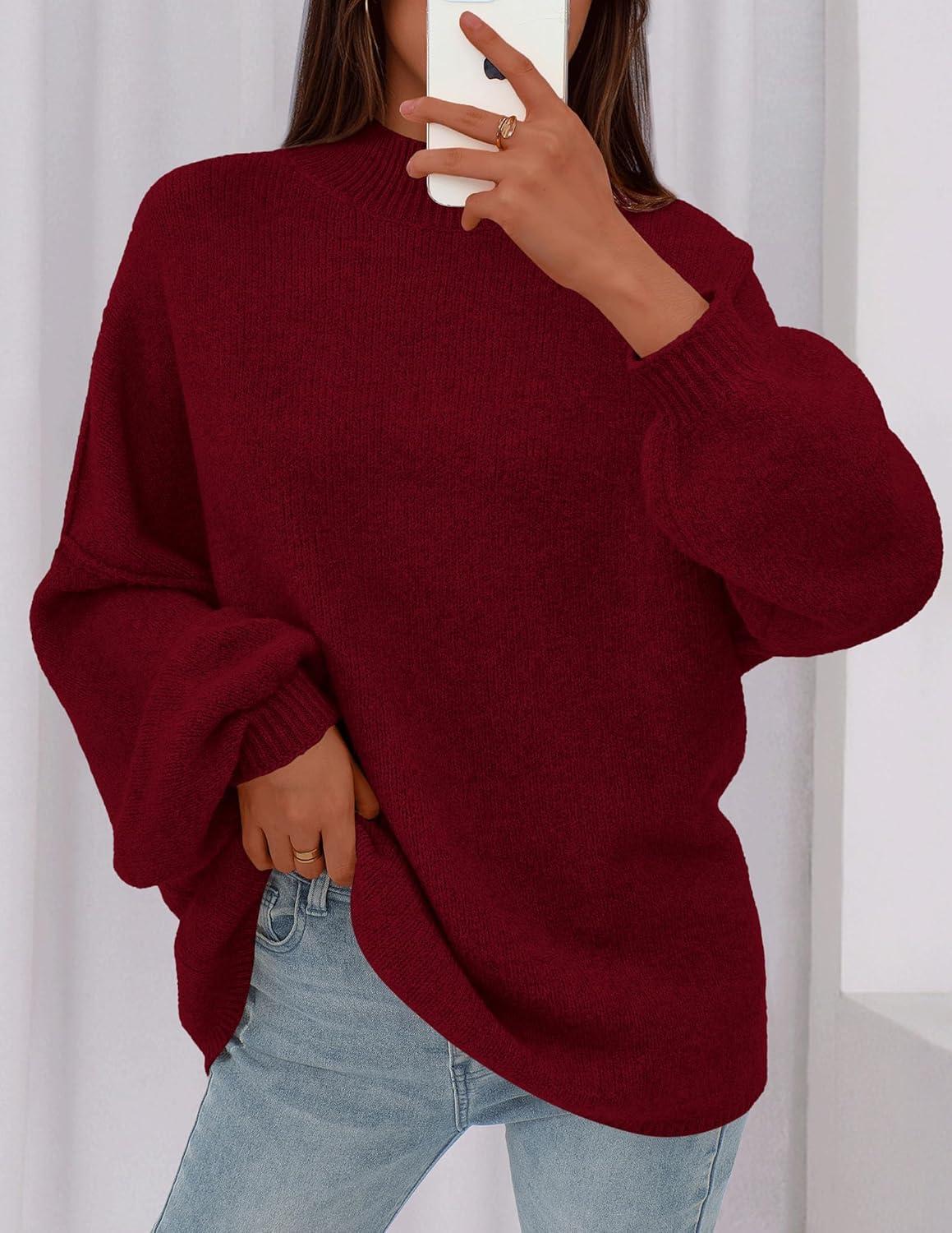 imagePRETTYGARDEN Womens 2026 Fall Oversized Sweaters Chunky Knit Mock Neck Long Sleeve Casual Trendy Pullover Winter ClothesBurgundy
