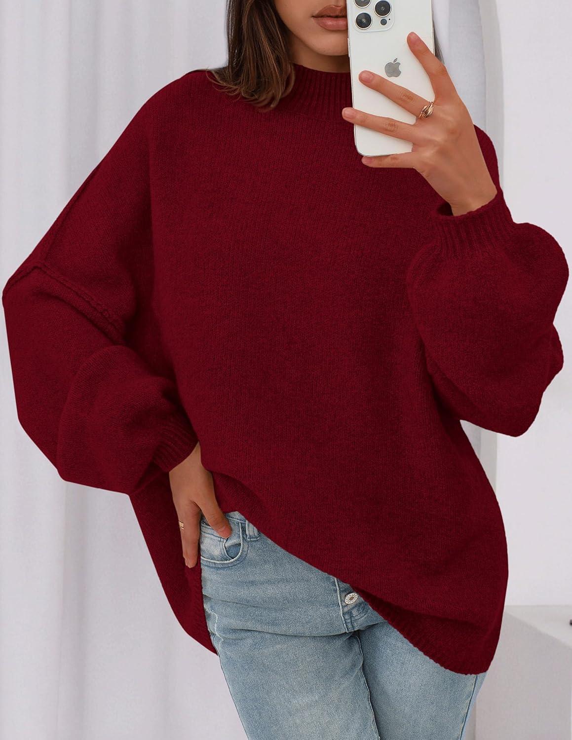 imagePRETTYGARDEN Womens 2026 Fall Oversized Sweaters Chunky Knit Mock Neck Long Sleeve Casual Trendy Pullover Winter ClothesBurgundy