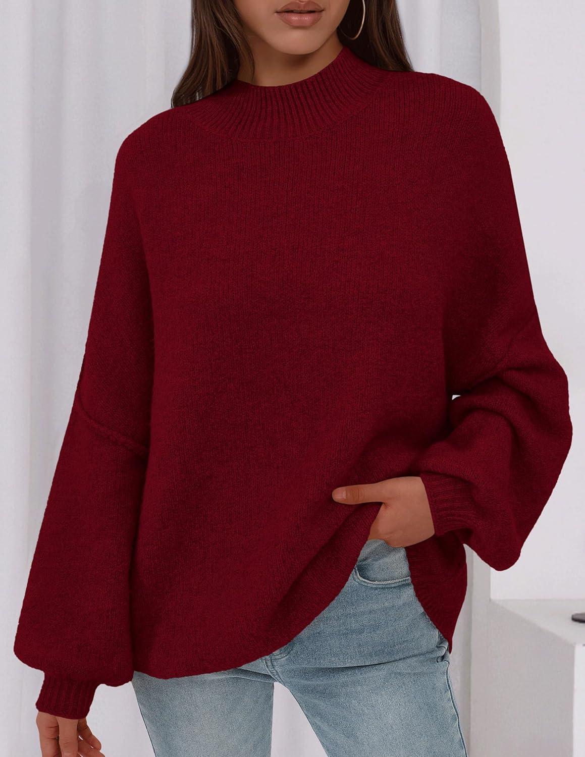 imagePRETTYGARDEN Womens 2026 Fall Oversized Sweaters Chunky Knit Mock Neck Long Sleeve Casual Trendy Pullover Winter ClothesBurgundy