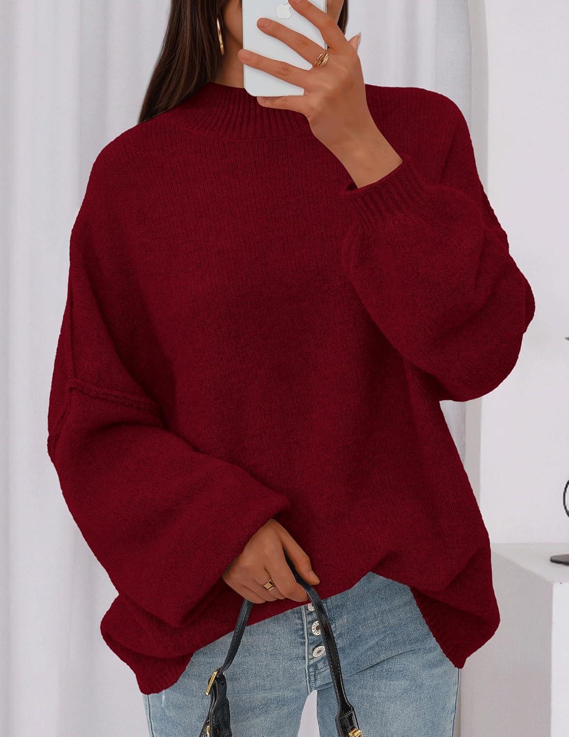 imagePRETTYGARDEN Womens 2026 Fall Oversized Sweaters Chunky Knit Mock Neck Long Sleeve Casual Trendy Pullover Winter ClothesBurgundy