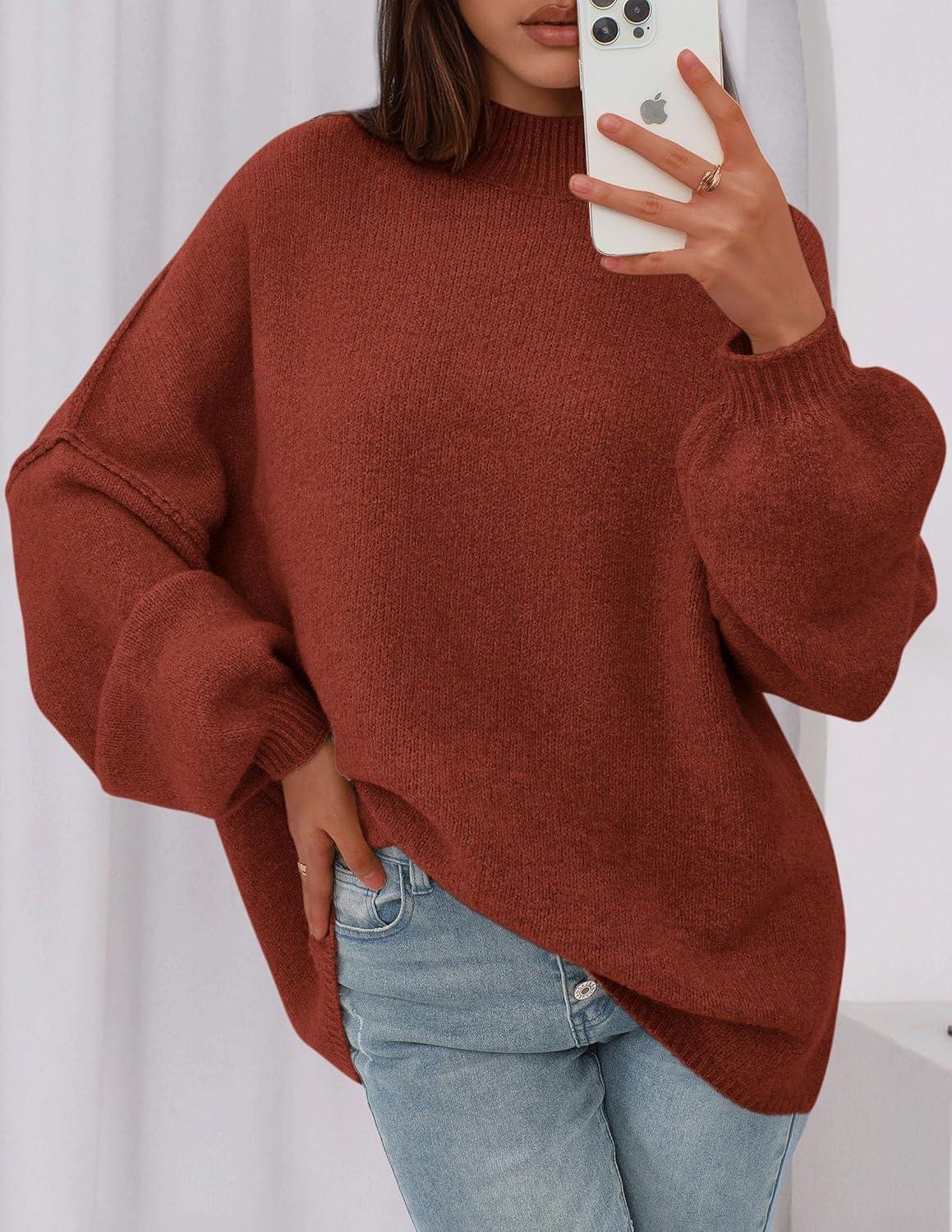 imagePRETTYGARDEN Womens 2026 Fall Oversized Sweaters Chunky Knit Mock Neck Long Sleeve Casual Trendy Pullover Winter ClothesBurnt Orange