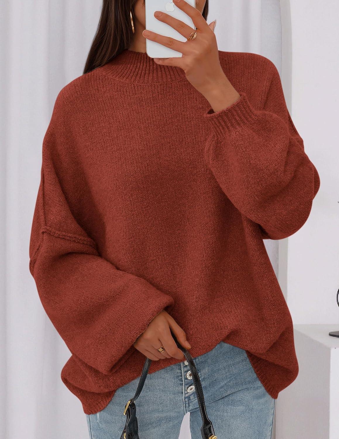 imagePRETTYGARDEN Womens 2026 Fall Oversized Sweaters Chunky Knit Mock Neck Long Sleeve Casual Trendy Pullover Winter ClothesBurnt Orange