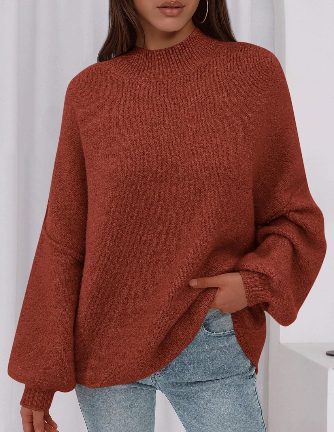 imagePRETTYGARDEN Womens 2026 Fall Oversized Sweaters Chunky Knit Mock Neck Long Sleeve Casual Trendy Pullover Winter ClothesBurnt Orange