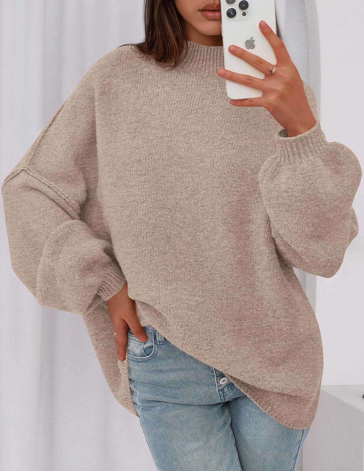 imagePRETTYGARDEN Womens 2026 Fall Oversized Sweaters Chunky Knit Mock Neck Long Sleeve Casual Trendy Pullover Winter ClothesCamel