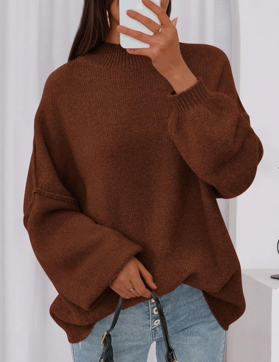 imagePRETTYGARDEN Womens 2026 Fall Oversized Sweaters Chunky Knit Mock Neck Long Sleeve Casual Trendy Pullover Winter ClothesCaramel